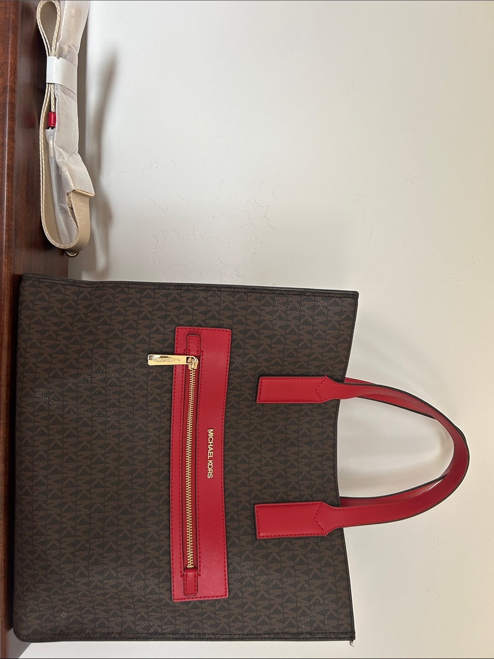 Michael Kors Brown Signature Tote with Red Trim and Handles